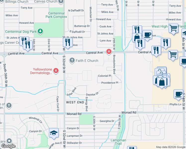map of restaurants, bars, coffee shops, grocery stores, and more near 3053 Hunters Ridge Loop in Billings