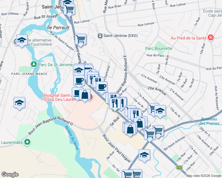 map of restaurants, bars, coffee shops, grocery stores, and more near 345 Rue de Sainte-Marcelle in Saint-Jérôme