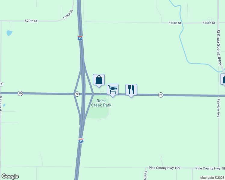 map of restaurants, bars, coffee shops, grocery stores, and more near 6050 Minnesota 70 in Pine City