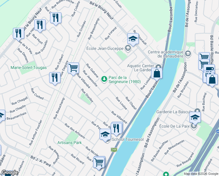 map of restaurants, bars, coffee shops, grocery stores, and more near 143 Rue Louise in Repentigny
