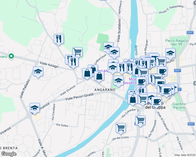 map of restaurants, bars, coffee shops, grocery stores, and more near 5 Via Sabbionara in Bassano del Grappa