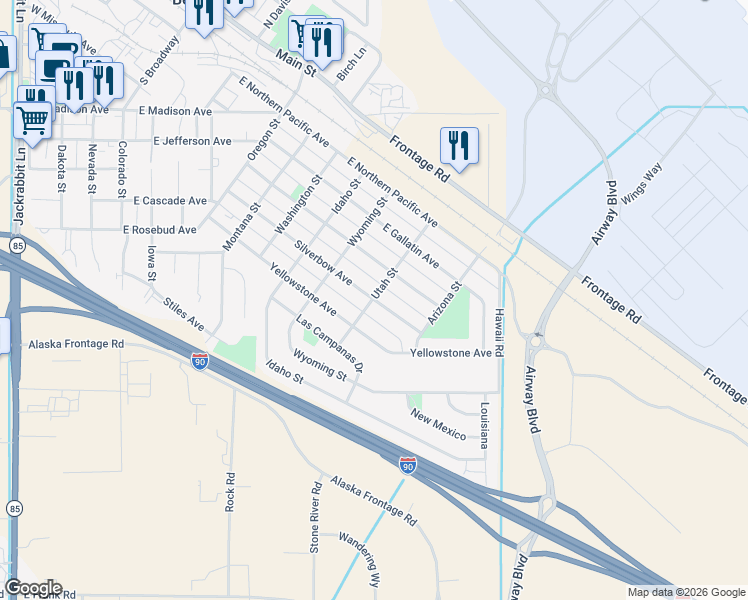 map of restaurants, bars, coffee shops, grocery stores, and more near 1002 East Silverbow Avenue in Belgrade