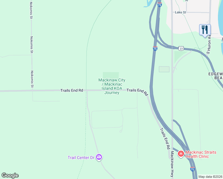 map of restaurants, bars, coffee shops, grocery stores, and more near 8524 Trails End Road in Mackinaw City