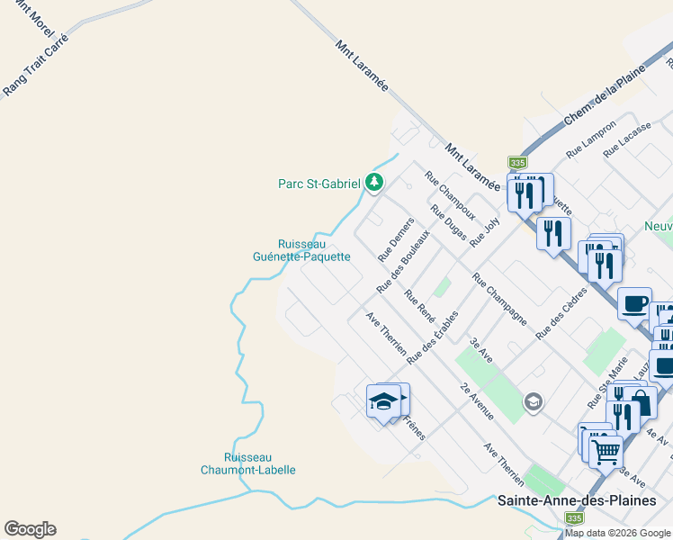 map of restaurants, bars, coffee shops, grocery stores, and more near 89 Rue Therrien in Sainte-Anne-des-Plaines