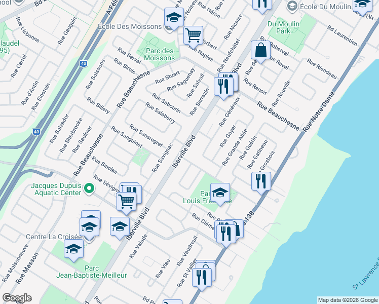 map of restaurants, bars, coffee shops, grocery stores, and more near 880 Iberville Boulevard in Repentigny