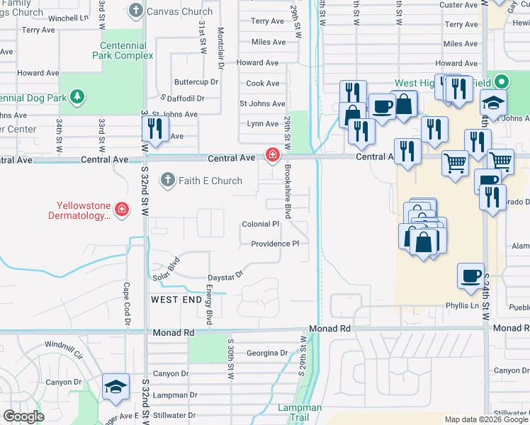map of restaurants, bars, coffee shops, grocery stores, and more near Radius Circle in Billings