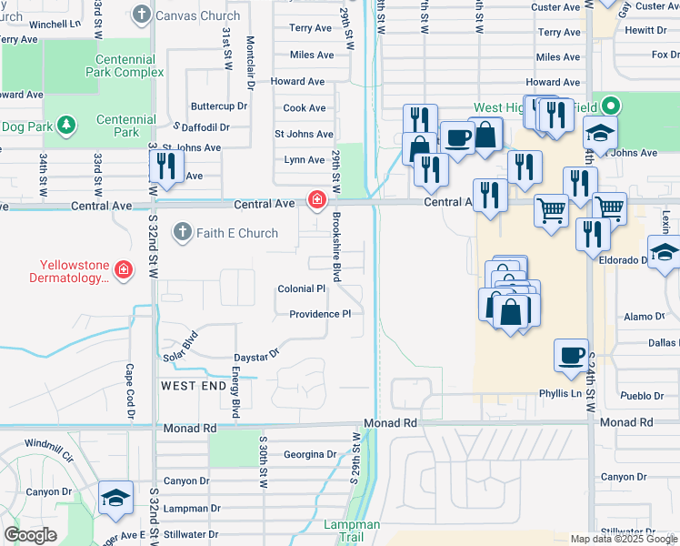 map of restaurants, bars, coffee shops, grocery stores, and more near 2802 Radius Circle in Billings