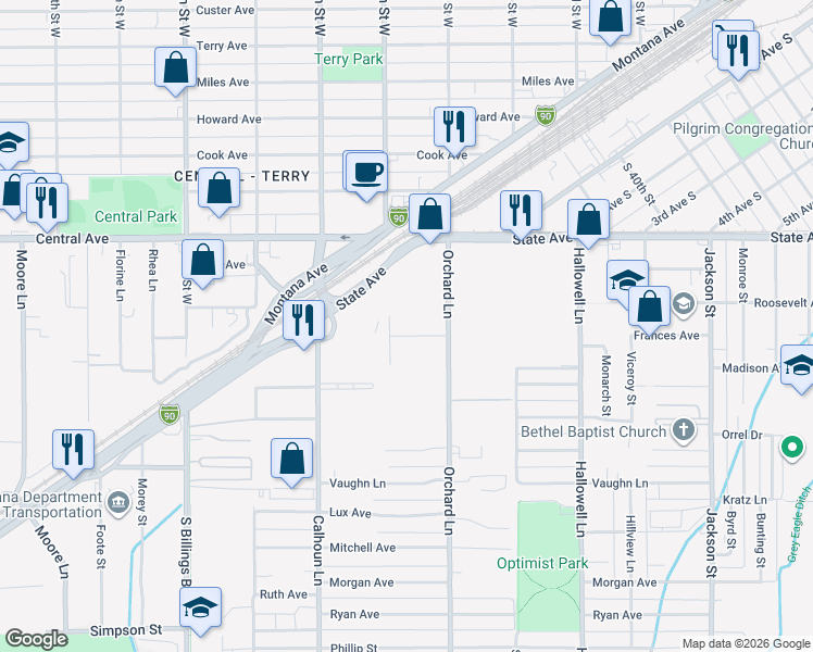 map of restaurants, bars, coffee shops, grocery stores, and more near 102 Orchard Lane in Billings