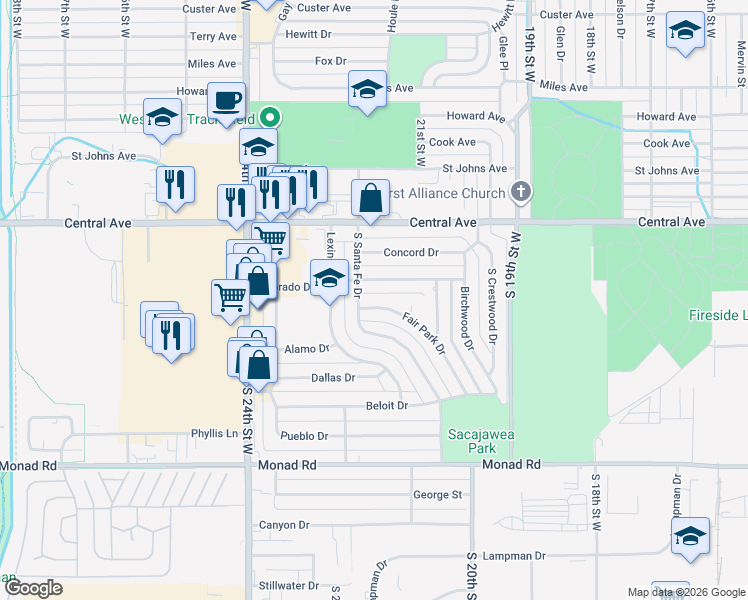 map of restaurants, bars, coffee shops, grocery stores, and more near 101-115 South Santa Fe Drive in Billings
