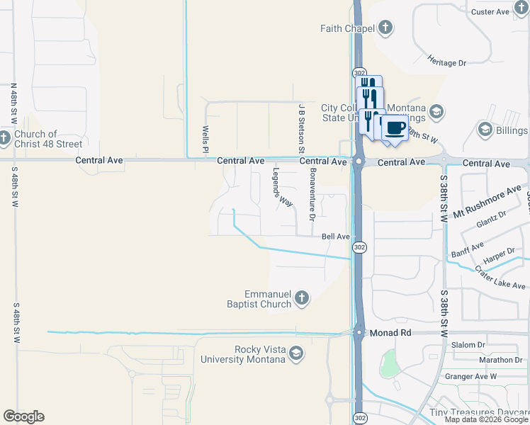 map of restaurants, bars, coffee shops, grocery stores, and more near 70 Legends Way in Billings