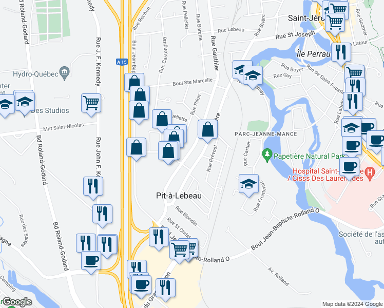 map of restaurants, bars, coffee shops, grocery stores, and more near 39 Rue Gauthier in Saint-Jérôme