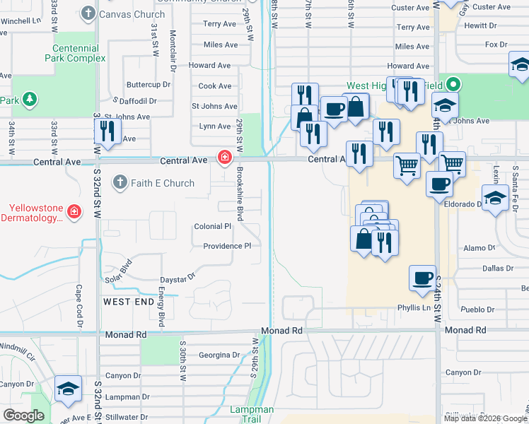 map of restaurants, bars, coffee shops, grocery stores, and more near 2831 Radius Circle in Billings