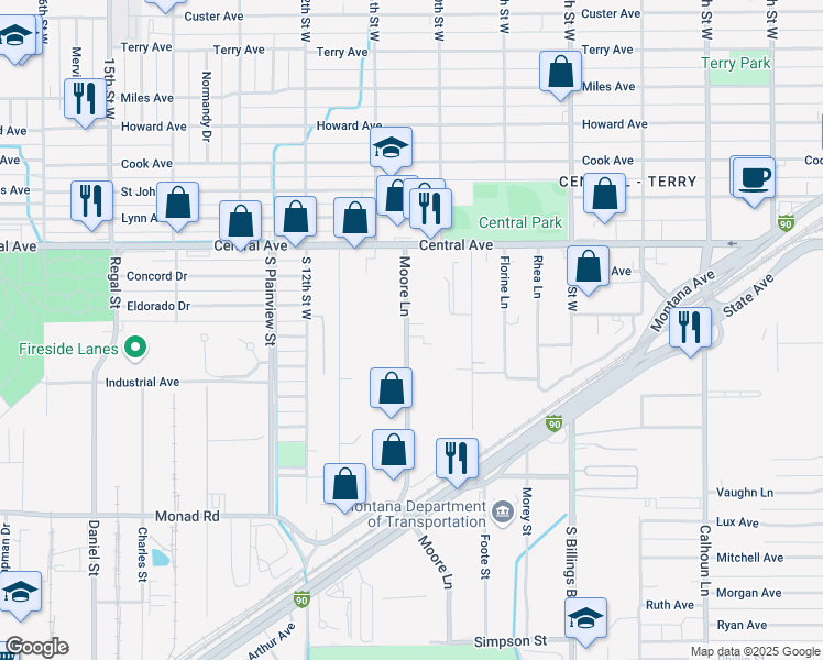 map of restaurants, bars, coffee shops, grocery stores, and more near 103 Moore Ln in Billings