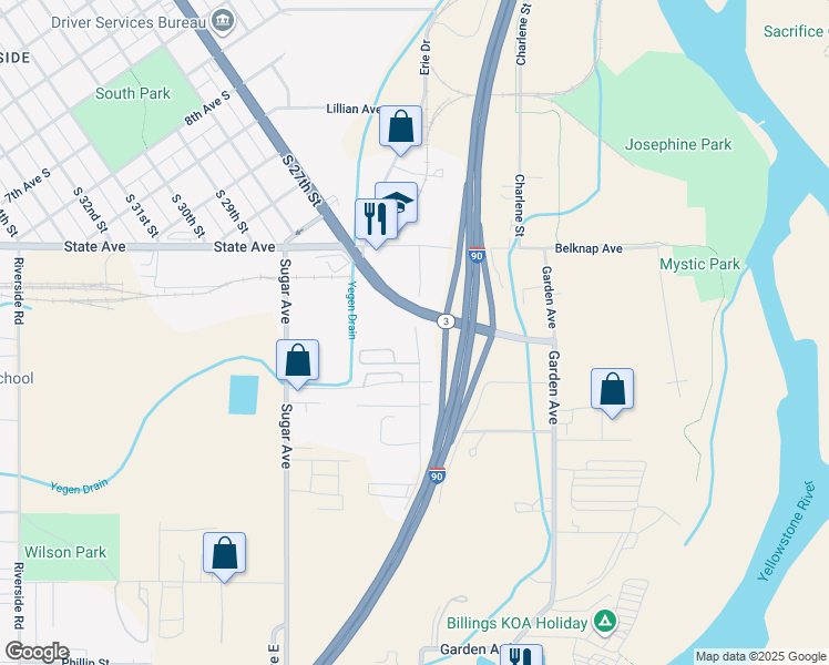 map of restaurants, bars, coffee shops, grocery stores, and more near 108 Nall Avenue in Billings