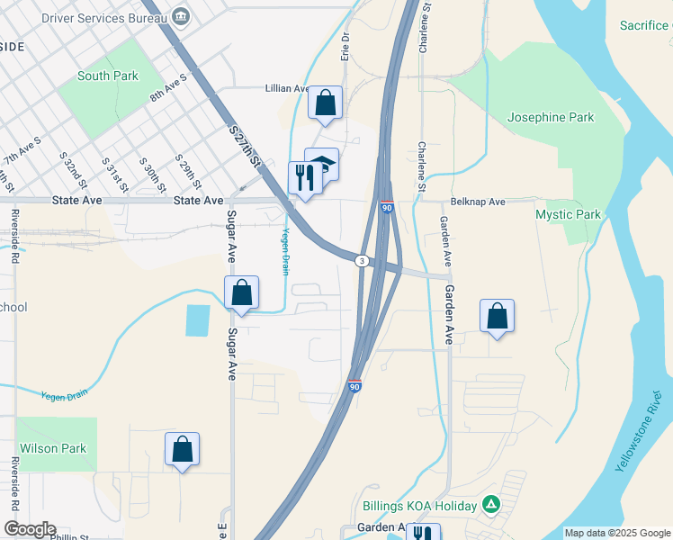 map of restaurants, bars, coffee shops, grocery stores, and more near 108 Nall Avenue in Billings