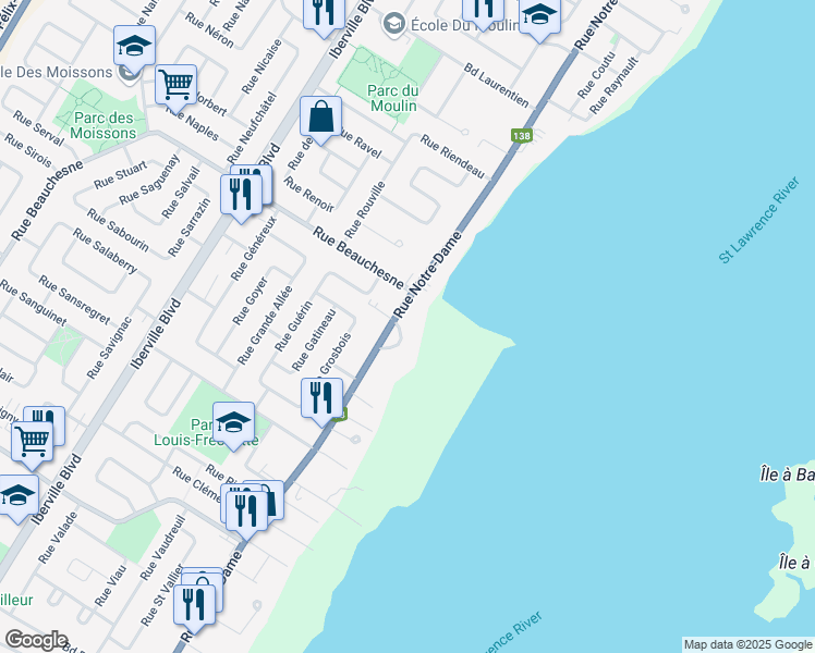 map of restaurants, bars, coffee shops, grocery stores, and more near 14 Rue du Vieux Moulin in Repentigny