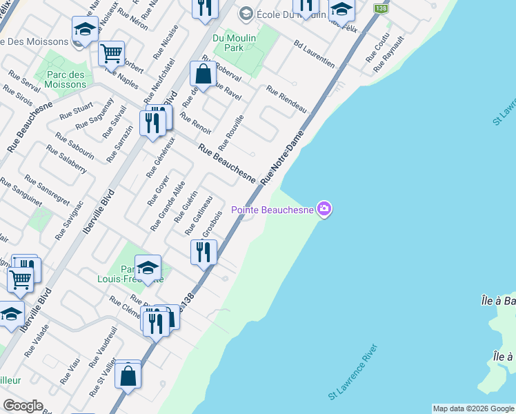 map of restaurants, bars, coffee shops, grocery stores, and more near 14 Rue du Vieux Moulin in Repentigny