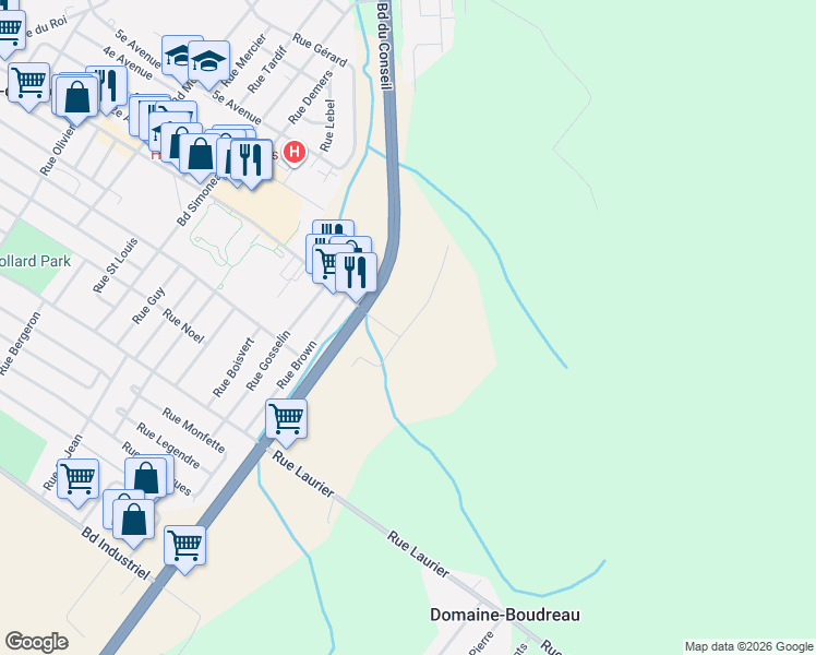 map of restaurants, bars, coffee shops, grocery stores, and more near Rue Bourbeau in Val-des-Sources
