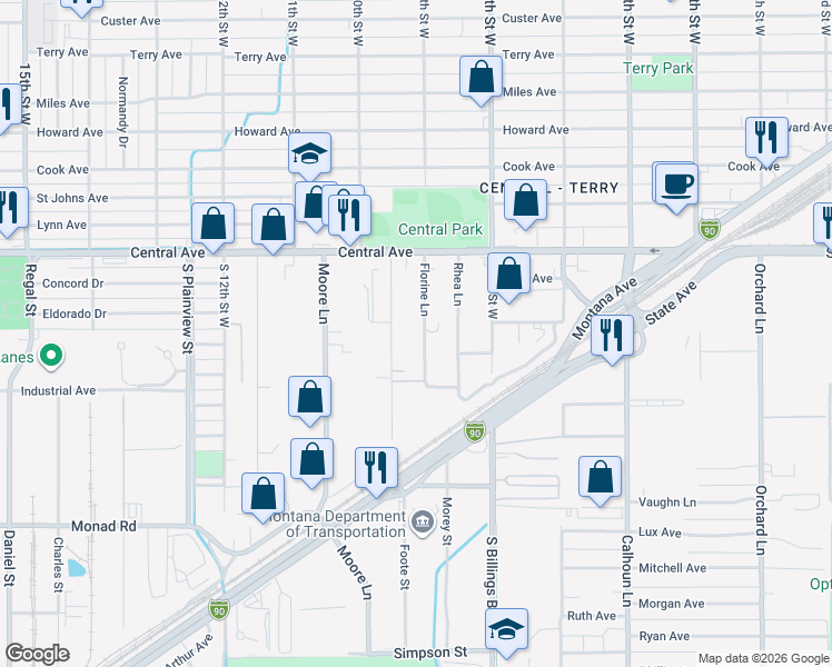 map of restaurants, bars, coffee shops, grocery stores, and more near 42 Florine Ln in Billings