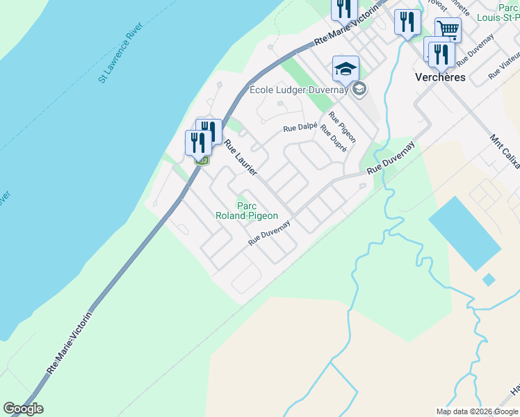 map of restaurants, bars, coffee shops, grocery stores, and more near 95 Rue André-Beauregard in Verchères