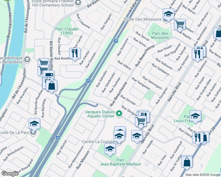 map of restaurants, bars, coffee shops, grocery stores, and more near 779 Rue Saulnier in Repentigny