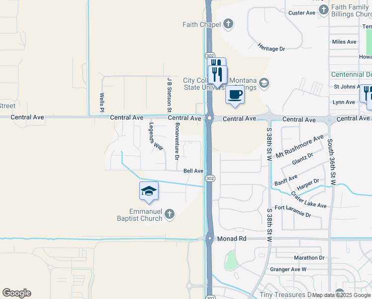 map of restaurants, bars, coffee shops, grocery stores, and more near 4001 Bell Avenue in Billings
