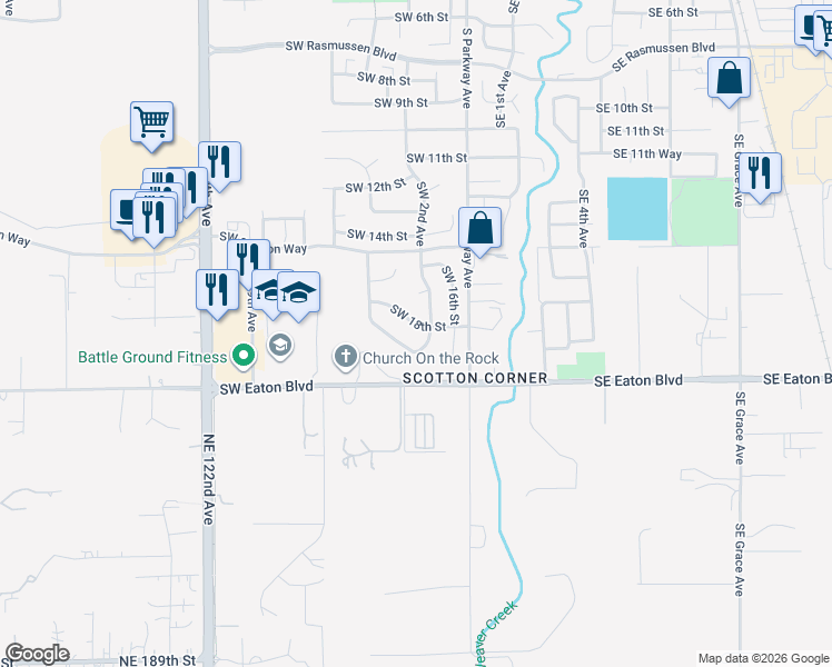 map of restaurants, bars, coffee shops, grocery stores, and more near 205 Southwest 18th Street in Battle Ground