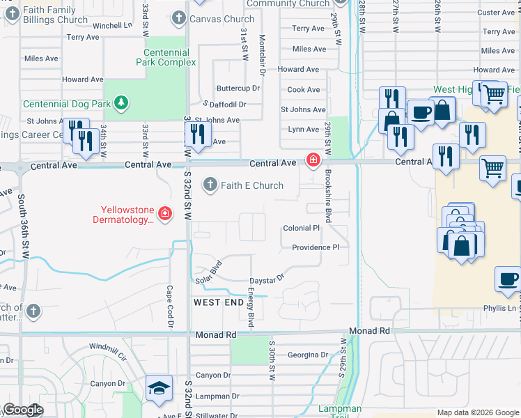 map of restaurants, bars, coffee shops, grocery stores, and more near 3040 Central Avenue in Billings
