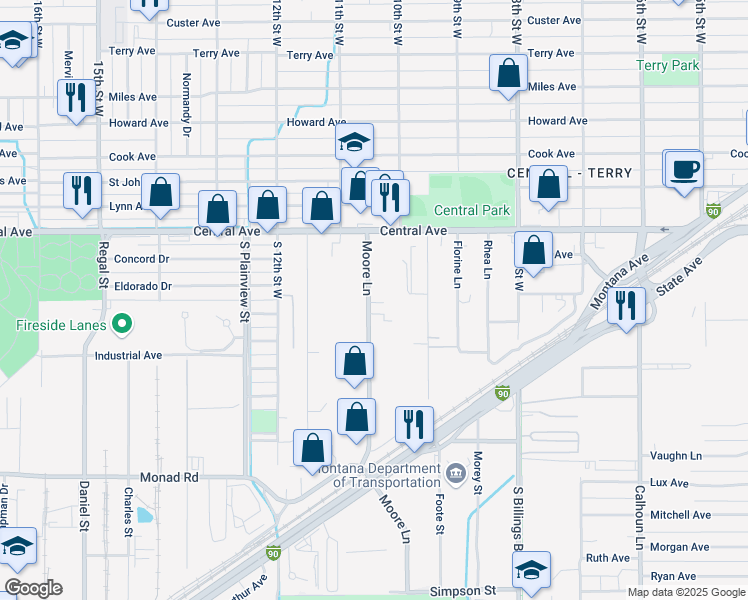 map of restaurants, bars, coffee shops, grocery stores, and more near 103 Moore Lane in Billings