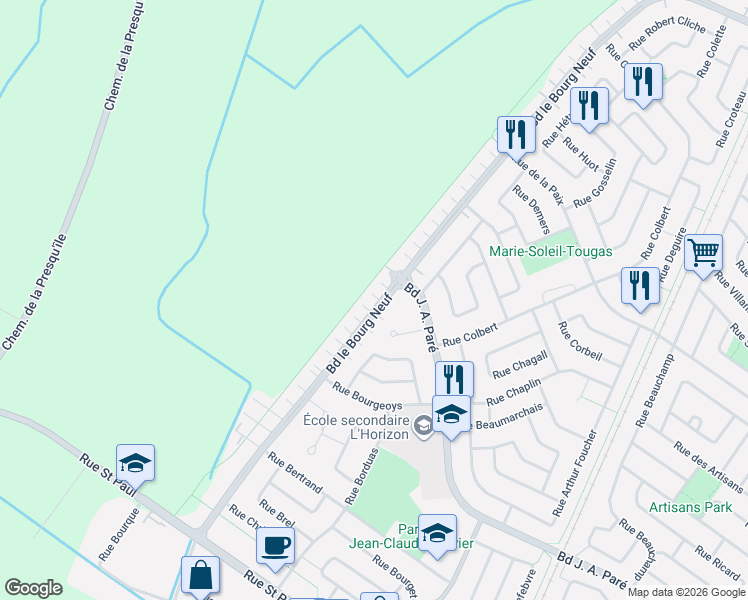 map of restaurants, bars, coffee shops, grocery stores, and more near 609 Boulevard le Bourg Neuf in Repentigny