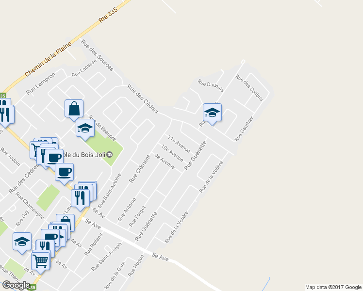 map of restaurants, bars, coffee shops, grocery stores, and more near 218 11e Avenue in Sainte-Anne-des-Plaines