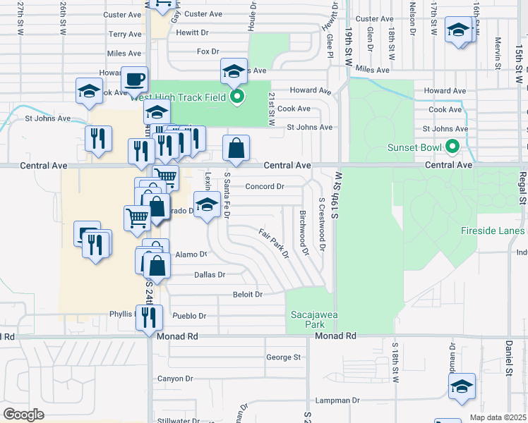 map of restaurants, bars, coffee shops, grocery stores, and more near 2124 Eldorado Drive in Billings