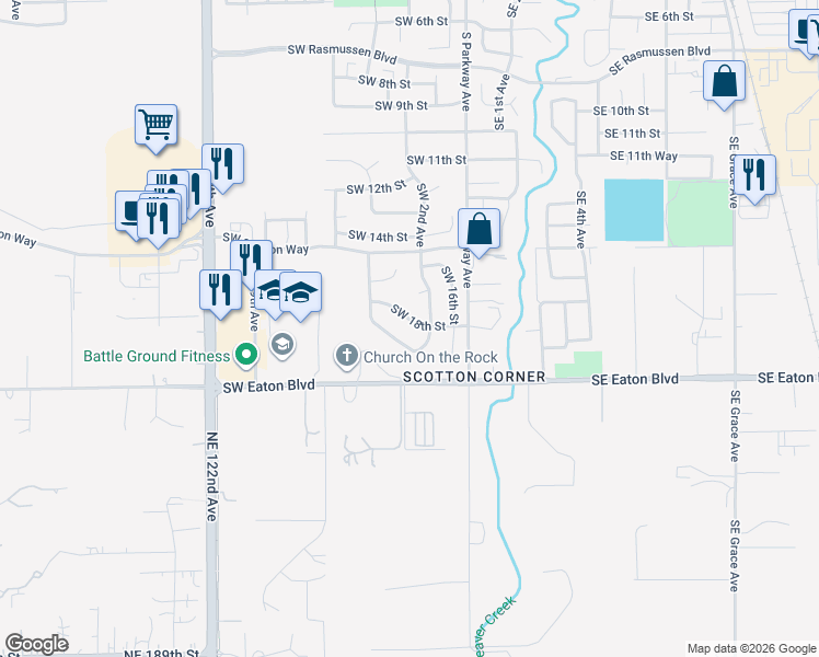 map of restaurants, bars, coffee shops, grocery stores, and more near 205 Southwest 18th Street in Battle Ground