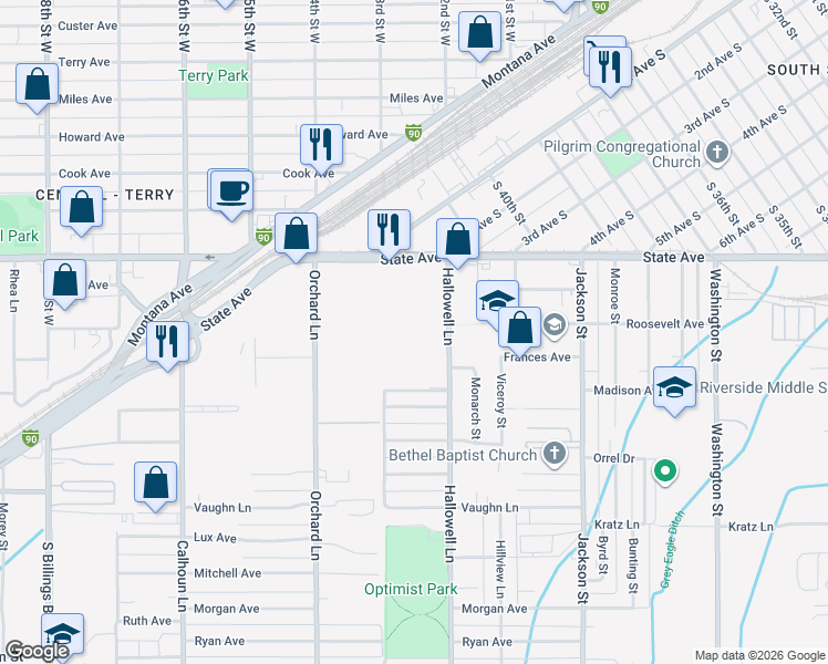 map of restaurants, bars, coffee shops, grocery stores, and more near 1050 Hallowell Lane in Billings