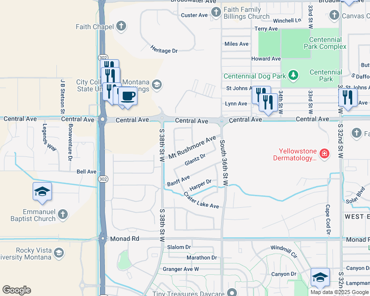 map of restaurants, bars, coffee shops, grocery stores, and more near 3731 Mount Rushmore Avenue in Billings