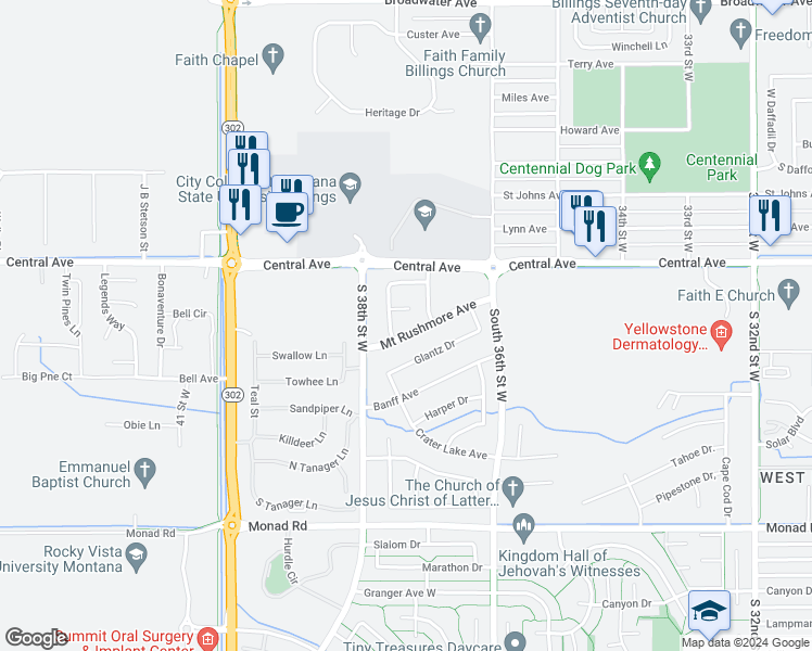 map of restaurants, bars, coffee shops, grocery stores, and more near 3743 Mount Rushmore Avenue in Billings