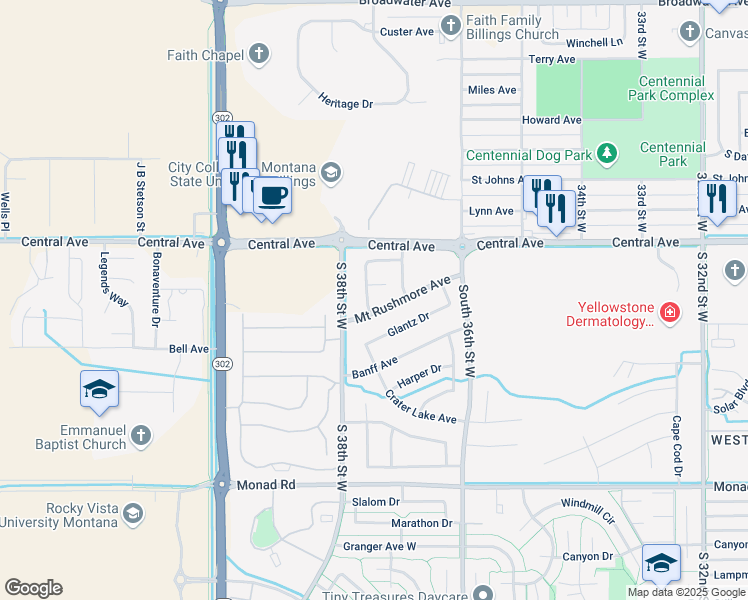 map of restaurants, bars, coffee shops, grocery stores, and more near 3731 Mount Rushmore Avenue in Billings