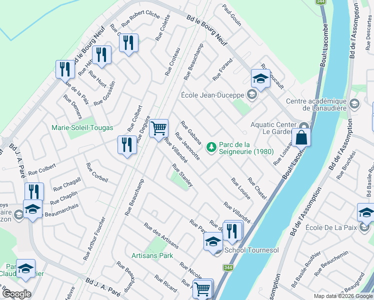 map of restaurants, bars, coffee shops, grocery stores, and more near 168 Rue Jeannotte in Repentigny