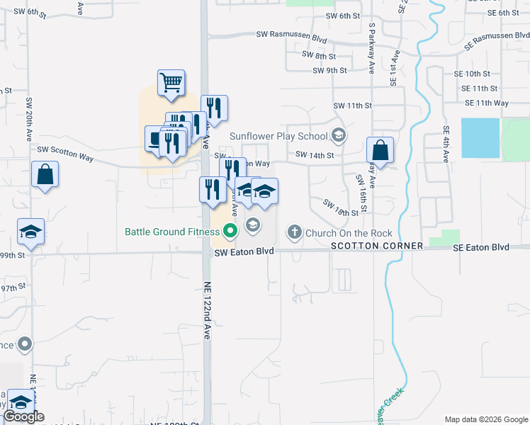 map of restaurants, bars, coffee shops, grocery stores, and more near 610 Southwest Eaton Boulevard in Battle Ground
