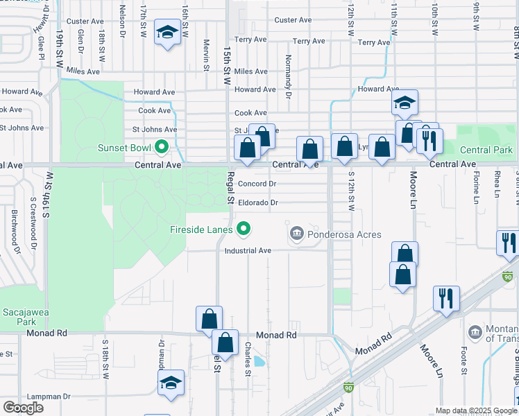 map of restaurants, bars, coffee shops, grocery stores, and more near 1414 Eldorado Drive in Billings