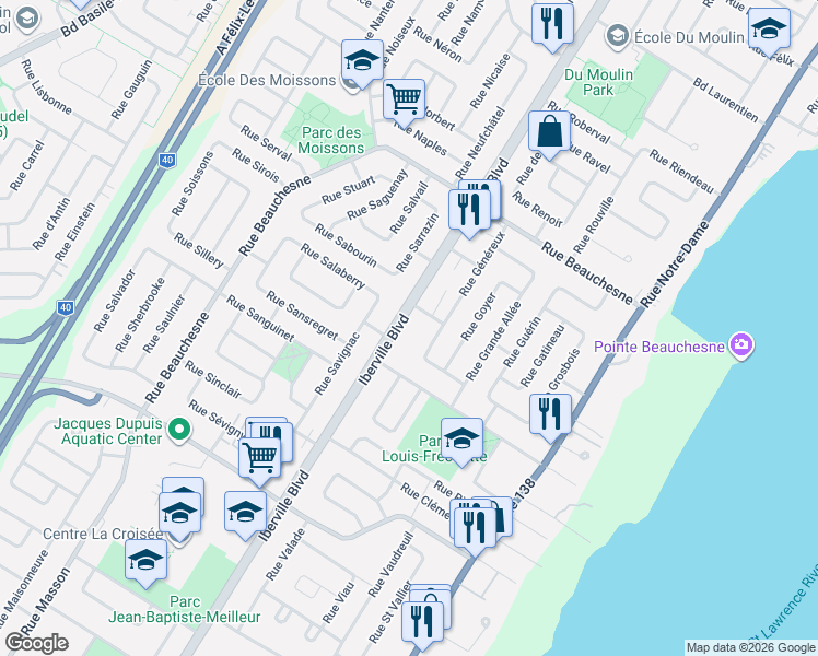 map of restaurants, bars, coffee shops, grocery stores, and more near 886 Boulevard Iberville in Repentigny