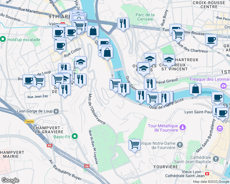 map of restaurants, bars, coffee shops, grocery stores, and more near 4 Quai Chauveau in Lyon