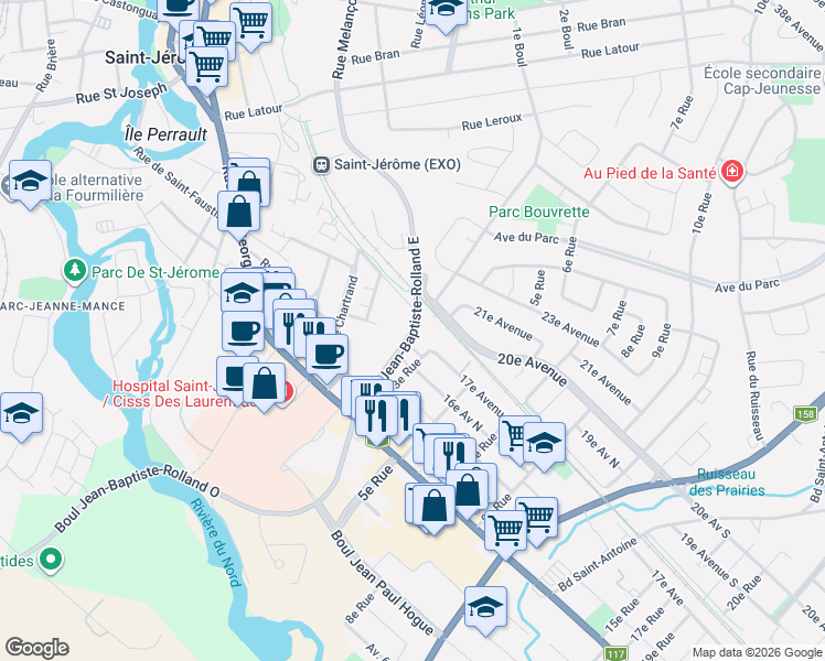 map of restaurants, bars, coffee shops, grocery stores, and more near 345 Boulevard Jean-Baptiste-Rolland Est in Saint-Jérôme