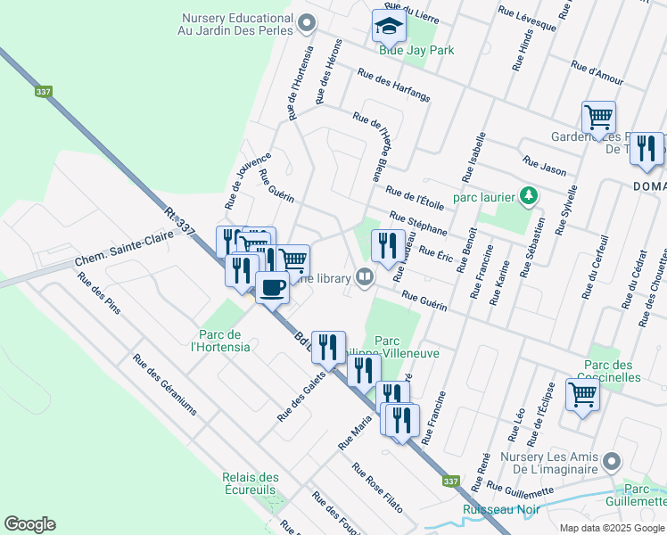 map of restaurants, bars, coffee shops, grocery stores, and more near 2201 Rue de la Jonquille in Terrebonne