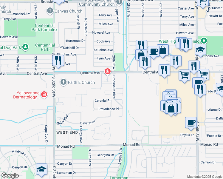 map of restaurants, bars, coffee shops, grocery stores, and more near 2802 Radius Circle in Billings