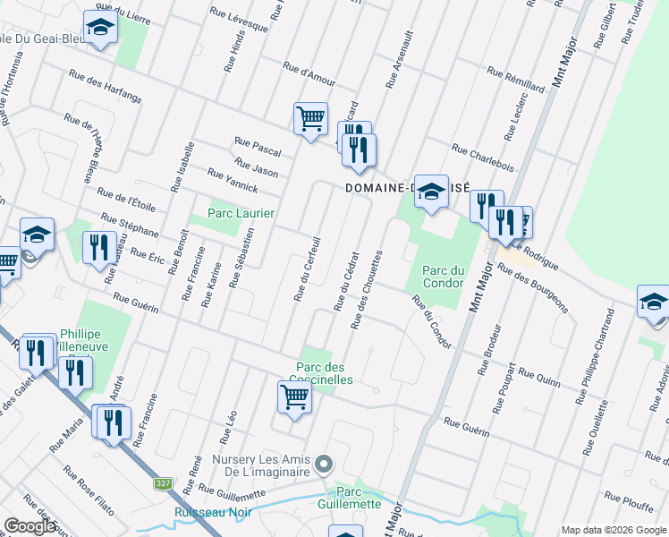 map of restaurants, bars, coffee shops, grocery stores, and more near 2637 Rue du Caroubier in Terrebonne