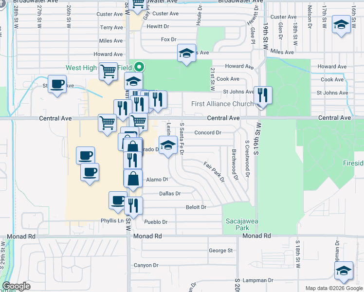map of restaurants, bars, coffee shops, grocery stores, and more near 101 South Santa Fe Drive in Billings
