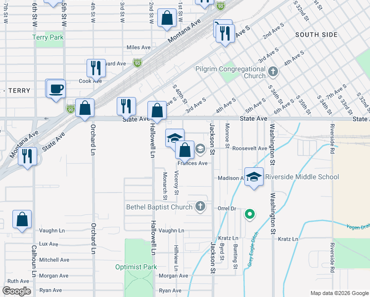 map of restaurants, bars, coffee shops, grocery stores, and more near 4150 Roosevelt Avenue in Billings