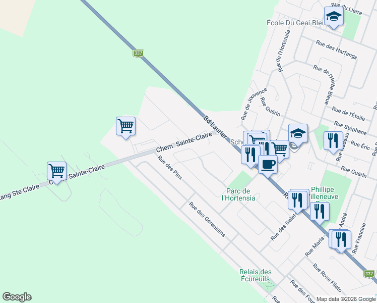 map of restaurants, bars, coffee shops, grocery stores, and more near 7841 Rue des Groseilles in Terrebonne