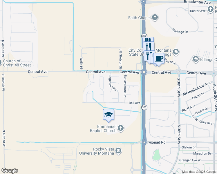 map of restaurants, bars, coffee shops, grocery stores, and more near 82 Legends Way in Billings